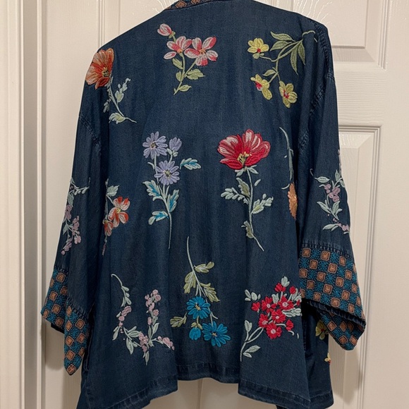Johnny Was Navy Floral Embroidered Jean Jacket - Picture 14 of 16